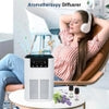 Woman in red and white striped blouse relaxing with aromatherapy diffuser, lavender, and headphones