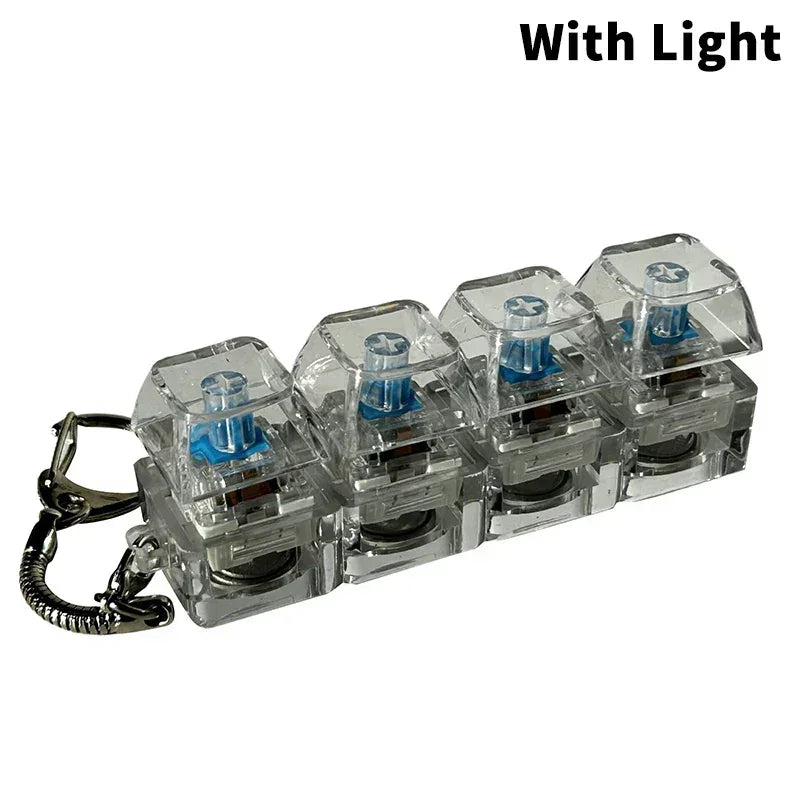 Clear mechanical keychain with four transparent key switches and blue accents, LED light feature