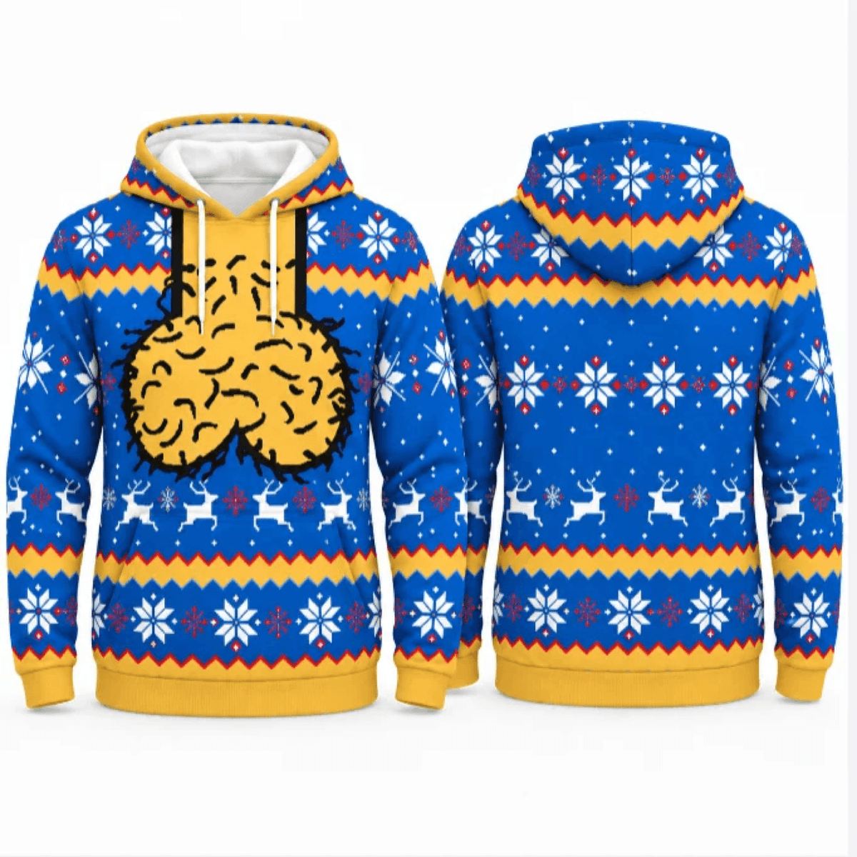Front and back views of royal blue adult humor Christmas hoodie
