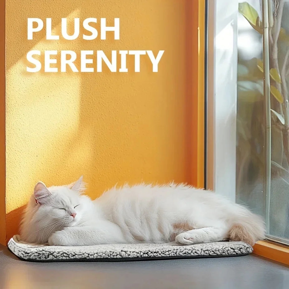 Fluffy white cat sleeping on a soft, textured mat by a window with sunlit orange wall.