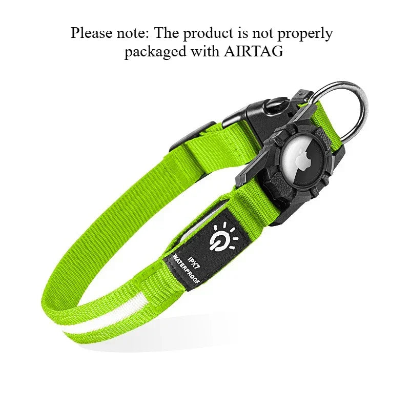 Neon green adjustable nylon dog collar with reflective strip, waterproof tag holder, and metal ring