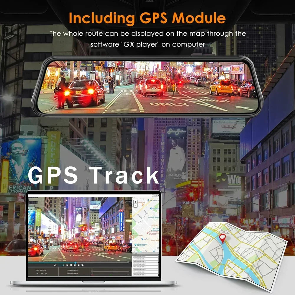 Car dash cam GPS tracking display, city street scene shown on rearview mirror and laptop monitor.
