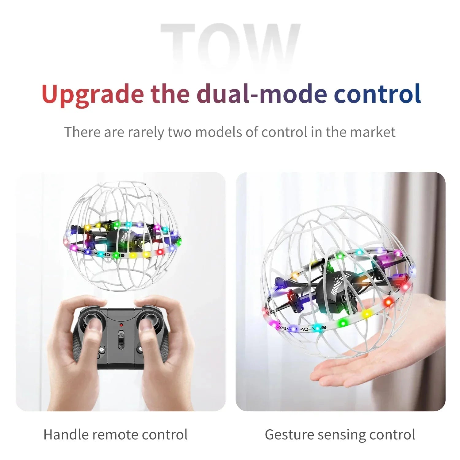 Flying orb toy with LED lights, shown with remote control and gesture sensing for dual-mode operation