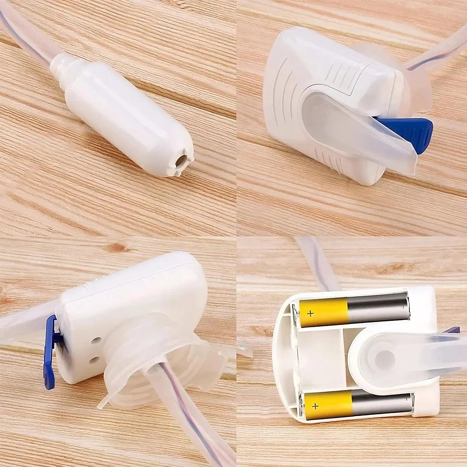 White battery-powered liquid pump with blue switch, plastic material, compact modern design