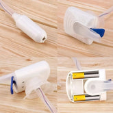 White battery-powered liquid pump with blue switch, plastic material, compact modern design