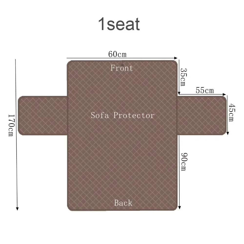Brown quilted sofa protector for one seat, detailed with size dimensions in centimeters.