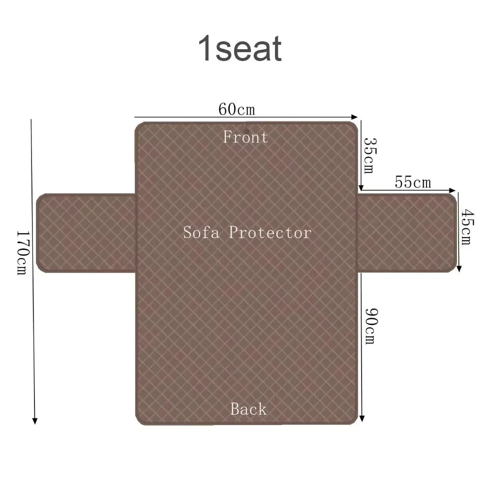 Brown quilted sofa protector for one seat, detailed with size dimensions in centimeters.