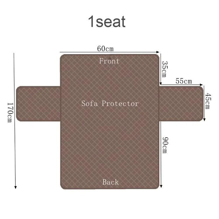 Brown quilted sofa protector for one seat, detailed with size dimensions in centimeters.