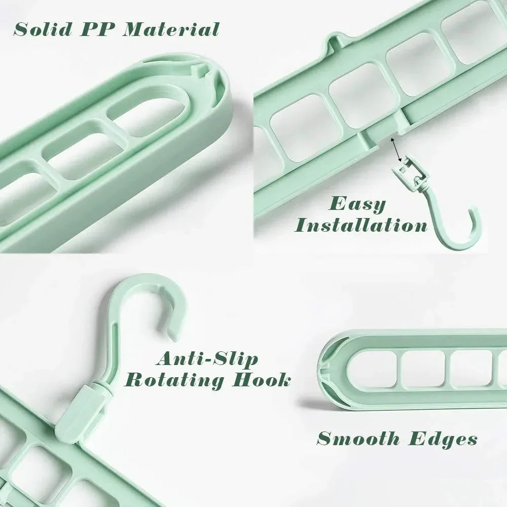 Mint green plastic clothes hanger with anti-slip rotating hook, smooth edges, and easy installation.
