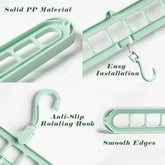 Mint green plastic clothes hanger with anti-slip rotating hook, smooth edges, and easy installation.
