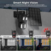 Outdoor solar security camera with infrared and white LED night vision, wall mounted.