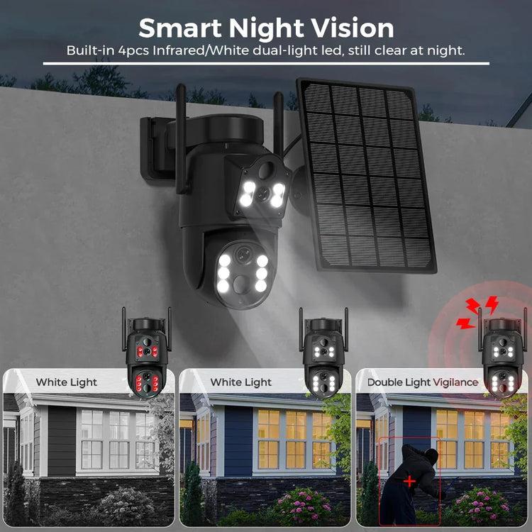 Outdoor solar security camera with infrared and white LED night vision, wall mounted.
