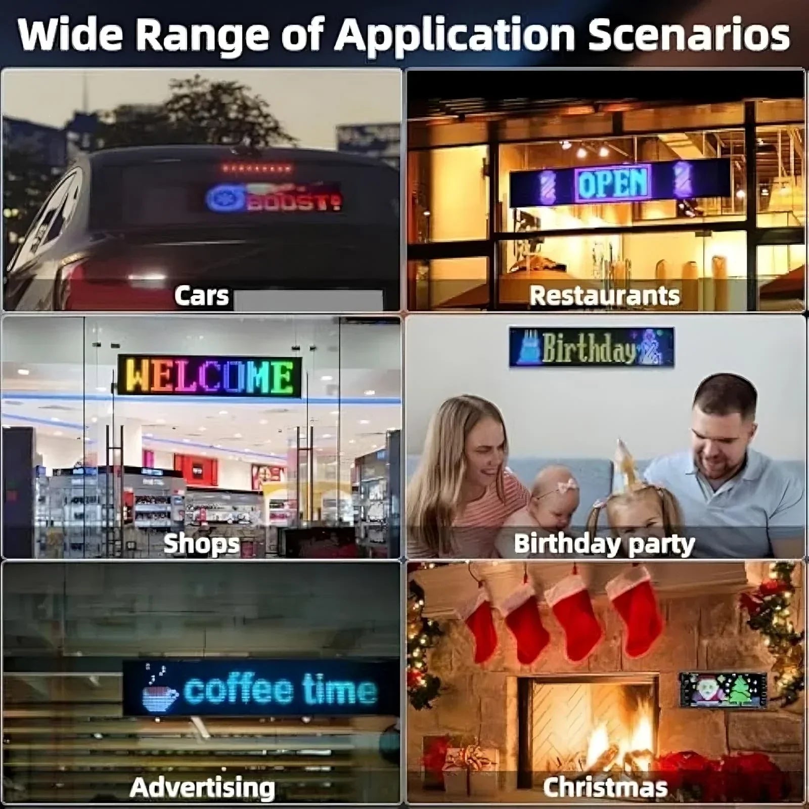 Collage showing colorful LED display signs in various settings, including cars, restaurants, shops, home parties, advertising, and Christmas decor.