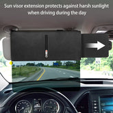 Black sun visor extension for cars with zipper detail, blocks sunlight and provides UV protection.