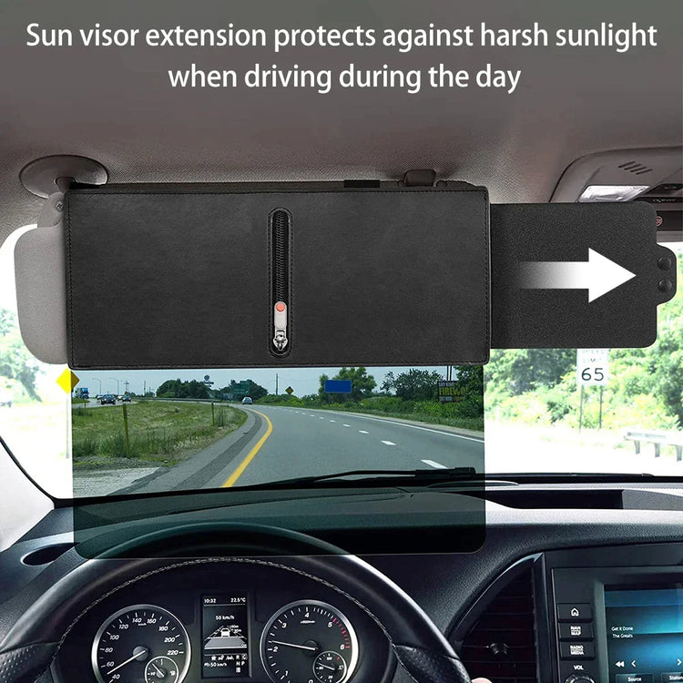 Black sun visor extension for cars with zipper detail, blocks sunlight and provides UV protection.