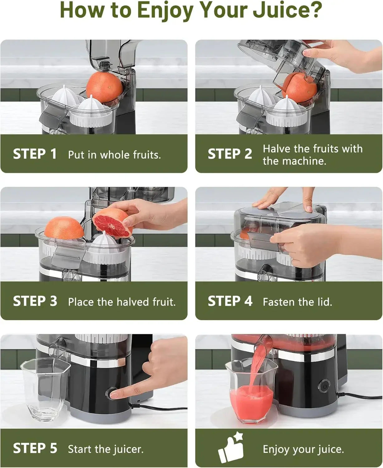 Step-by-step guide showing how to use an electric juicer with whole and halved fruit, resulting in fresh juice.