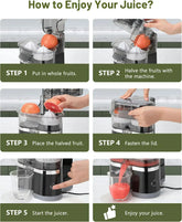 Step-by-step guide showing how to use an electric juicer with whole and halved fruit, resulting in fresh juice.