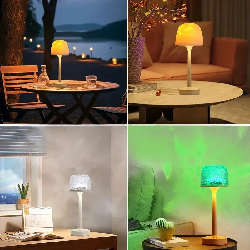 Modern mushroom-shaped table lamps in various colors and settings, ambient lighting decor