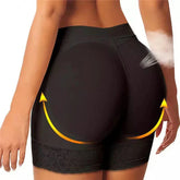 High-waisted black shaping shorts with lace trim, stretchy material, and body-enhancing fit