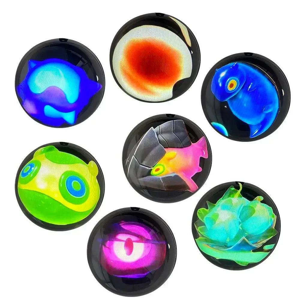 Set of seven holographic round pins featuring colorful, futuristic animal and eye designs