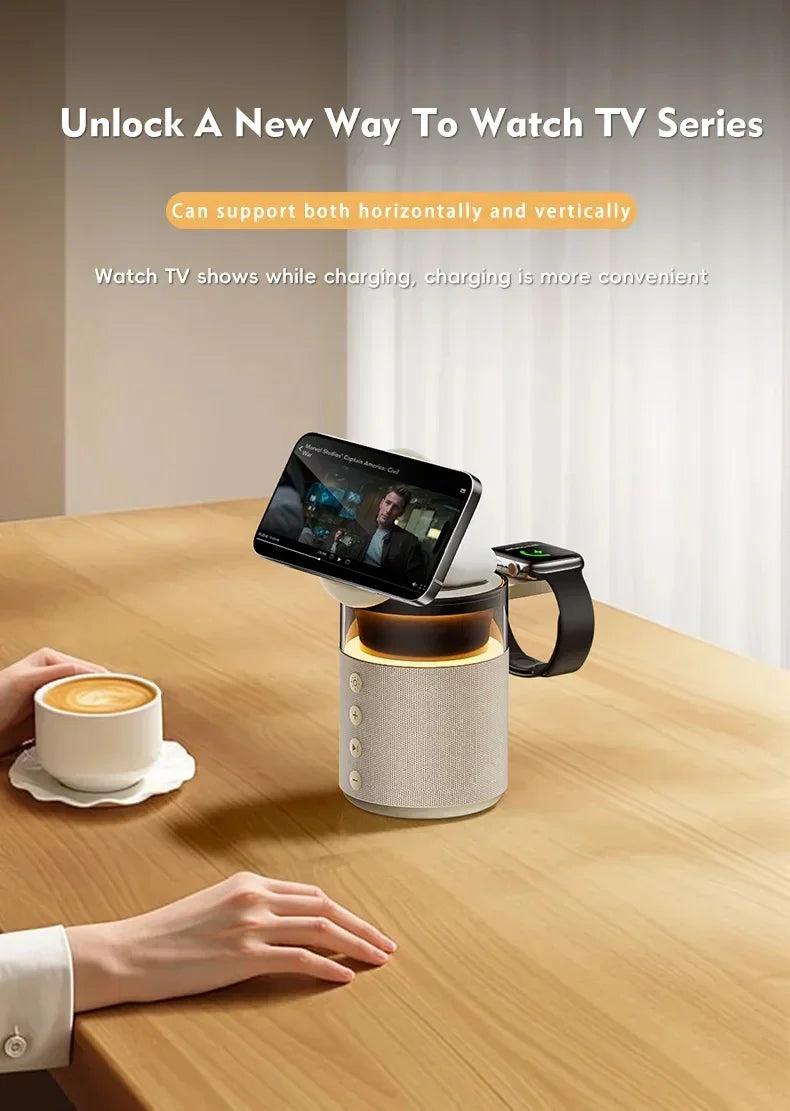 Modern tech accessory with fabric texture and neutral colors, holding phone and smartwatch on a wooden table.