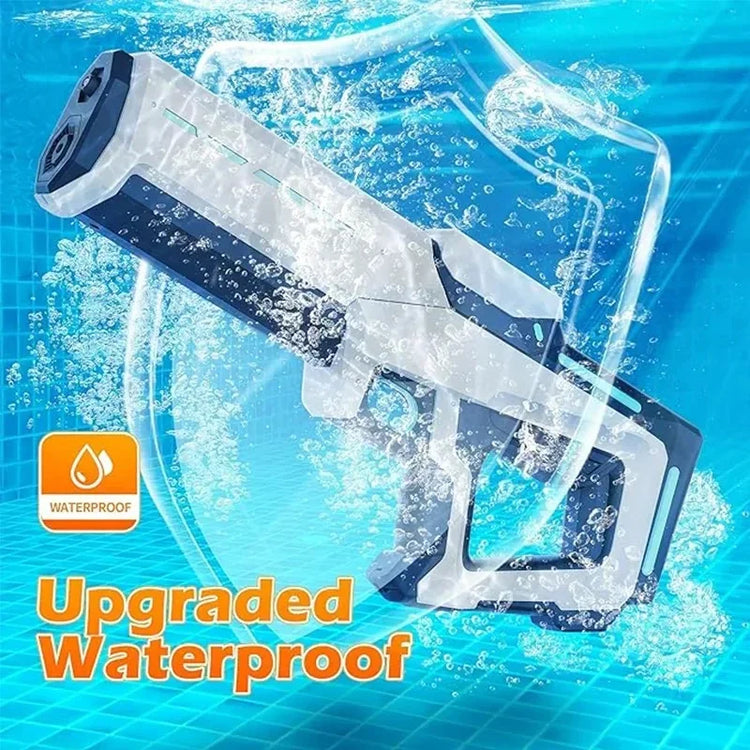White and blue plastic water gun submerged in water, showing waterproof design.