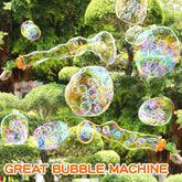 Multiple iridescent bubbles created by handheld bubble guns outdoors in a green park setting.