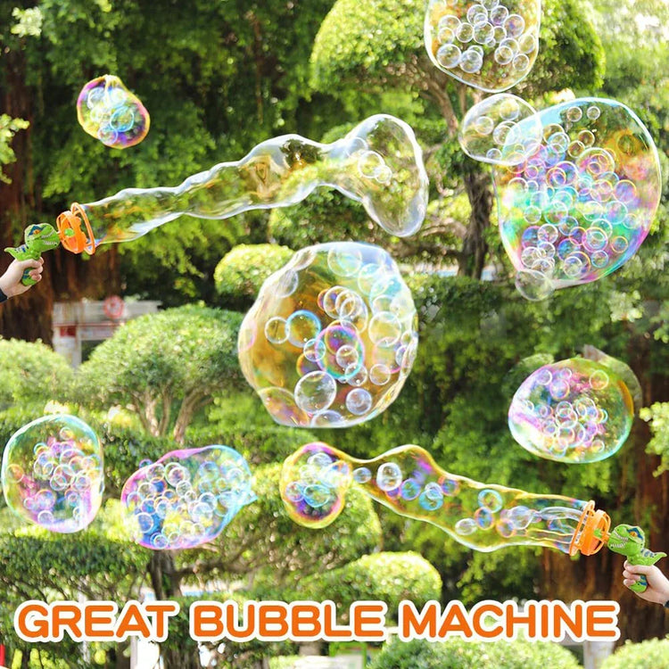 Multiple iridescent bubbles created by handheld bubble guns outdoors in a green park setting.