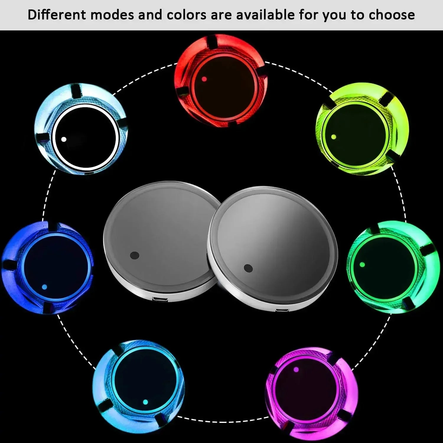Round metallic tech accessory with multiple LED color options, glossy finish, compact design