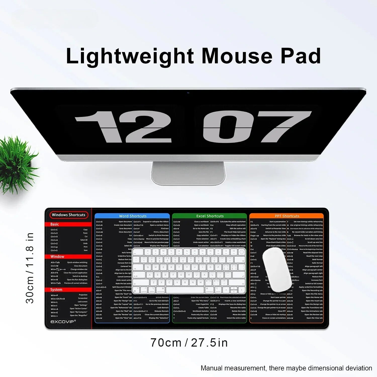Large black mouse pad with printed keyboard shortcuts, placed under a keyboard and mouse on a desk with a monitor.