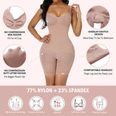 Seamless nude shapewear bodysuit with adjustable straps, no compression bra and butt, overlap crotch, and thigh-length fit, made of stretchy nylon spandex blend.