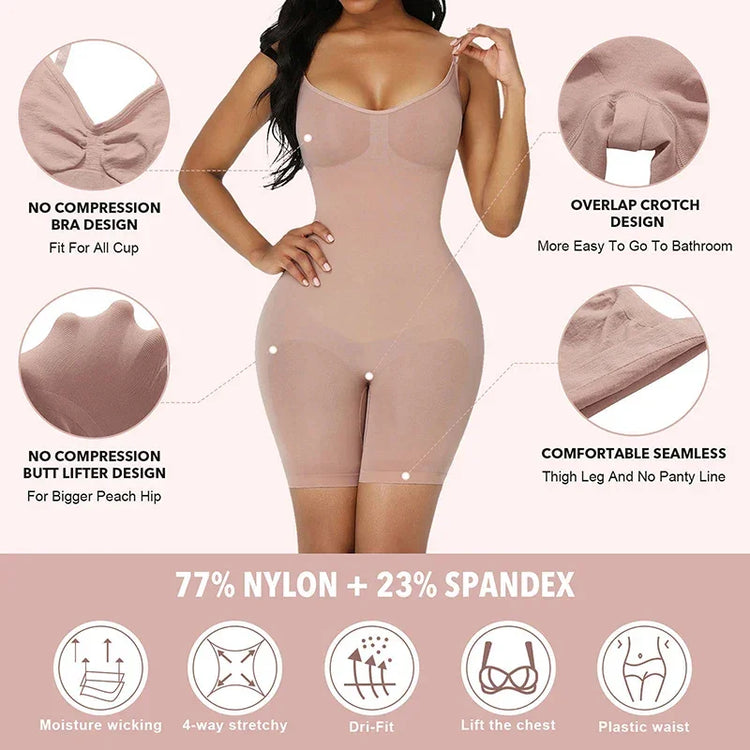 Seamless nude shapewear bodysuit with adjustable straps, no compression bra and butt, overlap crotch, and thigh-length fit, made of stretchy nylon spandex blend.