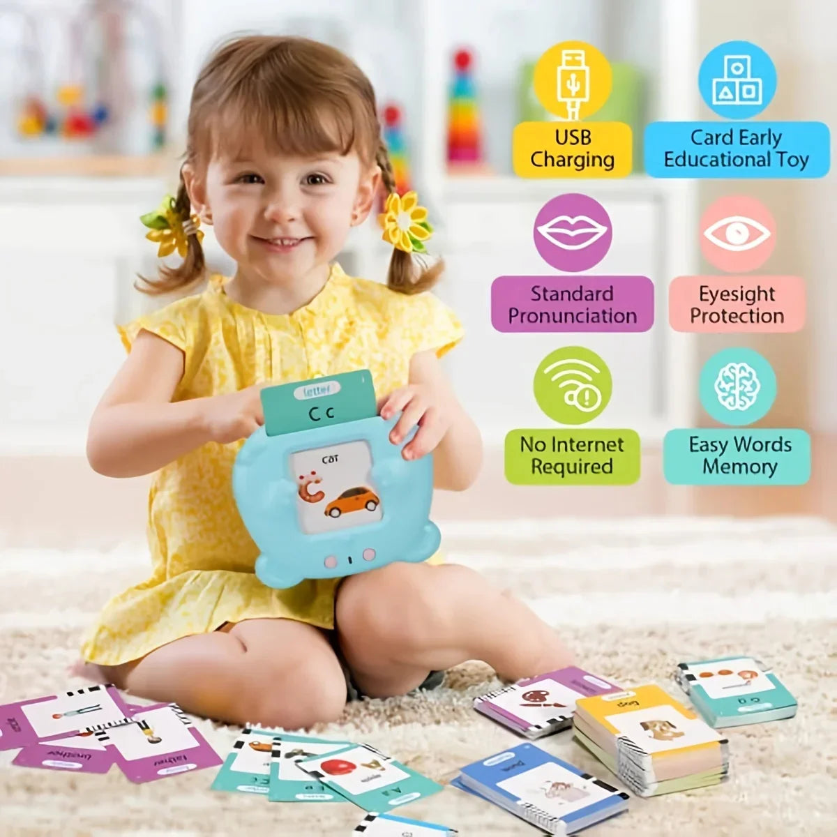 Little girl in a yellow short-sleeve dress with ruffle collar, sitting and playing with educational flashcard toy