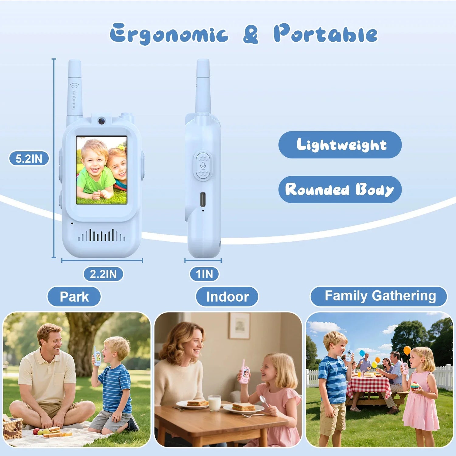 Lightweight ergonomic white walkie talkie with rounded body, shown in park, indoor, and family gathering settings.