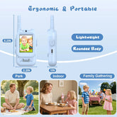 Lightweight ergonomic white walkie talkie with rounded body, shown in park, indoor, and family gathering settings.