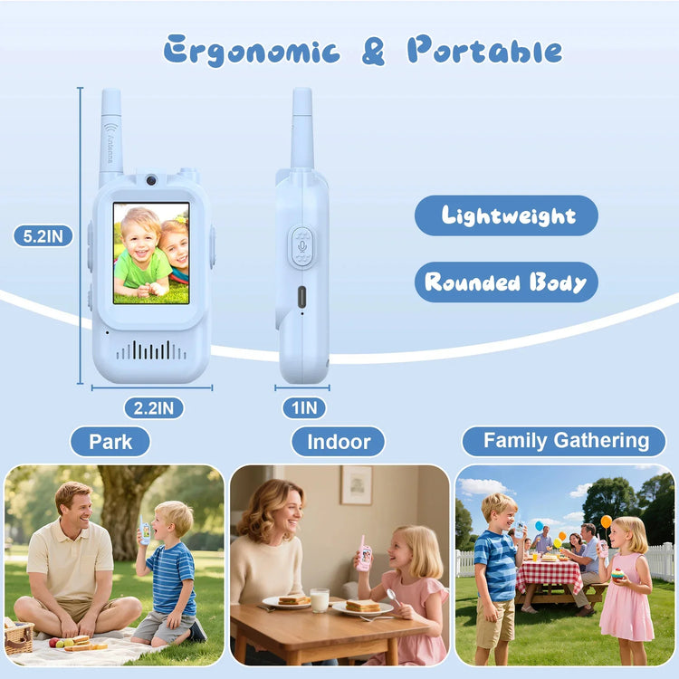 Lightweight ergonomic white walkie talkie with rounded body, shown in park, indoor, and family gathering settings.