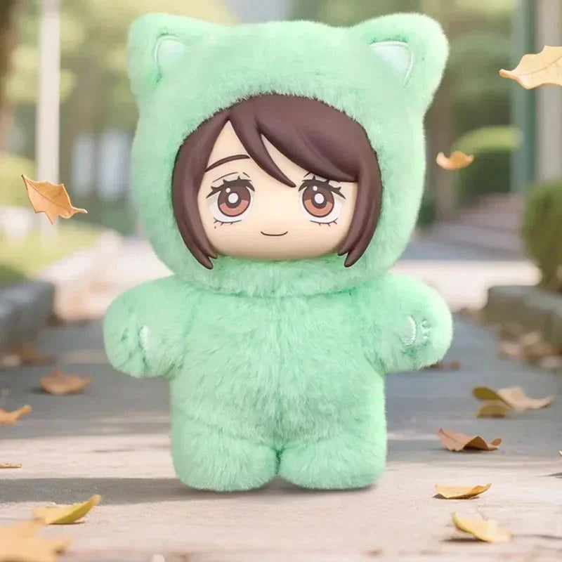 Plush toy figure in pastel green fuzzy hooded onesie with cute animal ear details, outdoor setting