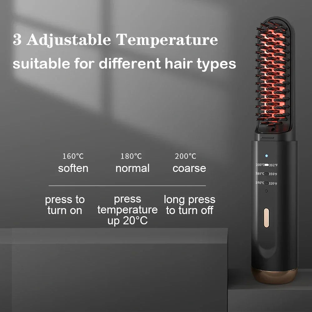 Black electric hair straightening brush with three adjustable temperature settings, suitable for various hair types.