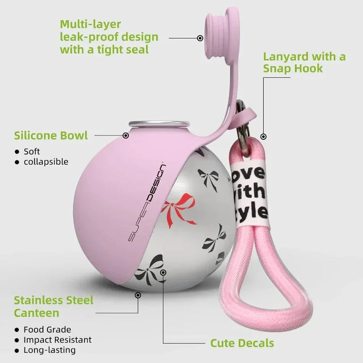 Pink silicone collapsible bowl with stainless steel canteen, bow decals, and snap hook lanyard.