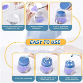 Step-by-step guide making DIY gel candle with blue sand wax, decorations, and wick in glass.