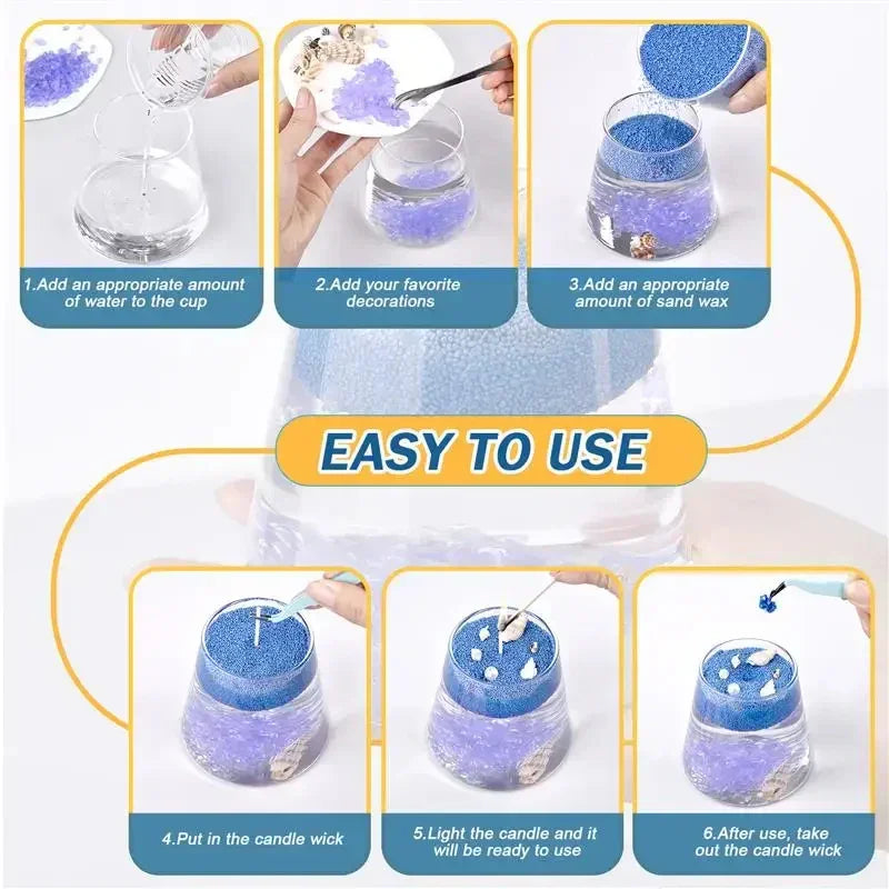 Step-by-step guide making DIY gel candle with blue sand wax, decorations, and wick in glass.