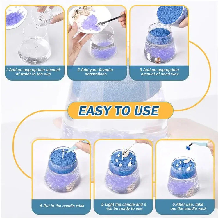 Step-by-step guide making DIY gel candle with blue sand wax, decorations, and wick in glass.