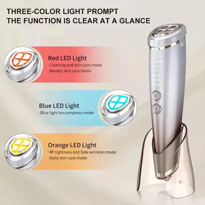 Silver handheld beauty device with red, blue, and orange LED light skincare modes