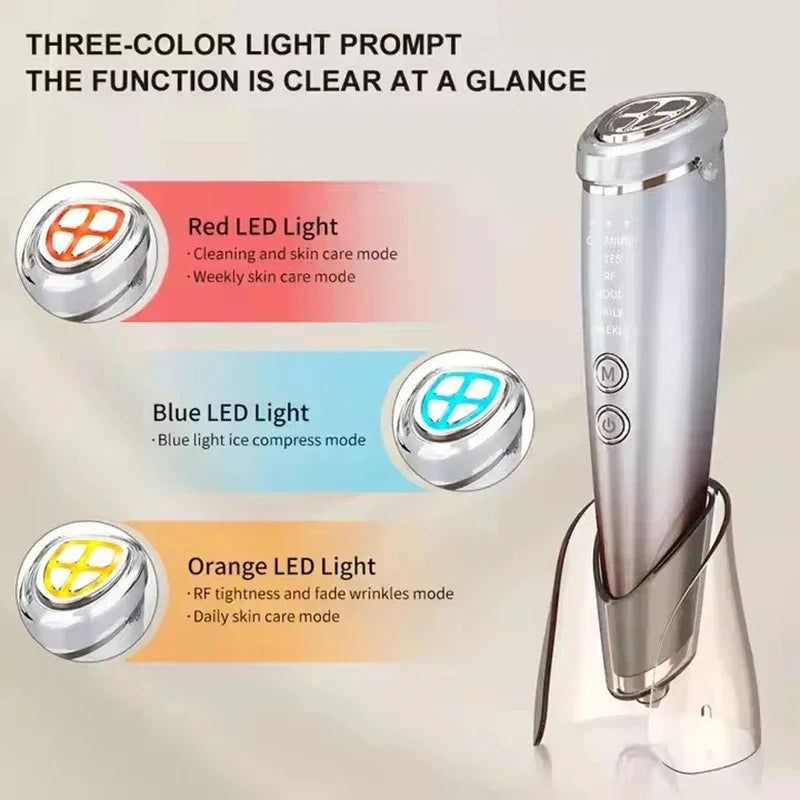 Silver handheld beauty device with red, blue, and orange LED light skincare modes