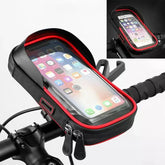 Waterproof black and red bike handlebar phone case with touch screen window and secure zipper.
