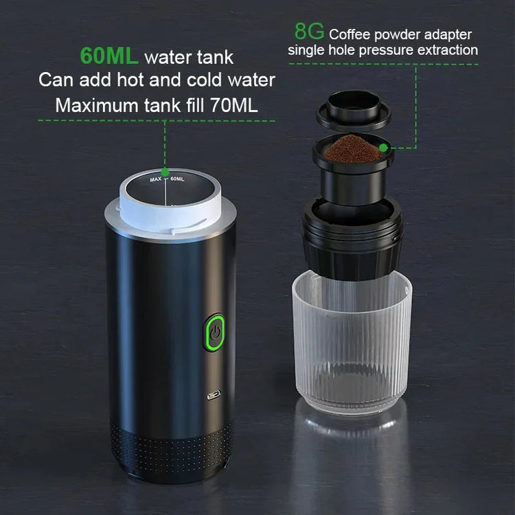 Portable black coffee maker with water tank, coffee powder adapter, and clear glass cup
