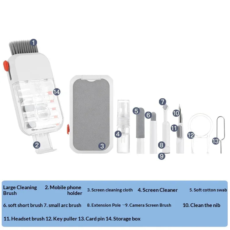 Multi-piece electronic cleaning kit with brushes, swabs, cloth, spray bottle, and storage case.