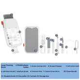 Multi-piece electronic cleaning kit with brushes, swabs, cloth, spray bottle, and storage case.