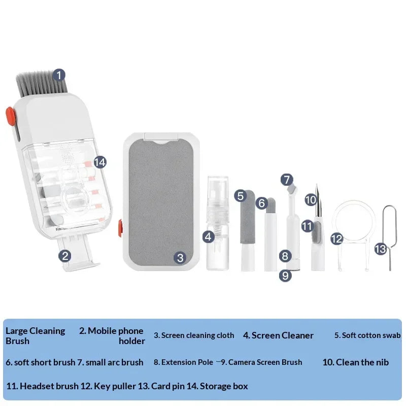 Multi-piece electronic cleaning kit with brushes, swabs, cloth, spray bottle, and storage case.