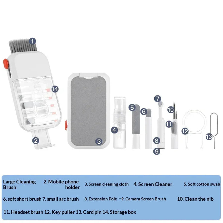Multi-piece electronic cleaning kit with brushes, swabs, cloth, spray bottle, and storage case.